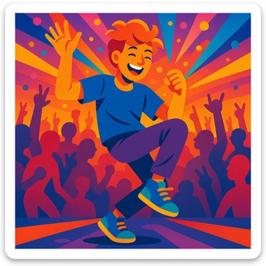 a person dancing energetically at a concert with colorful lights and lively crowd, vibrant style sticker