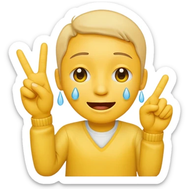 crying laughing emoji with a hand holding a peace sign sticker