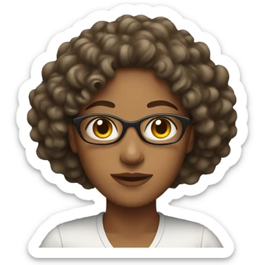 woman with curly hair with computer sticker