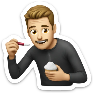 Guy eating sugar next to a lighter sticker
