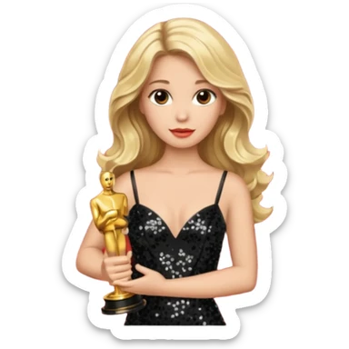 blonde model, brown eyes, long wavy hair, oscars red carpet, black sequin, holding oscar sticker