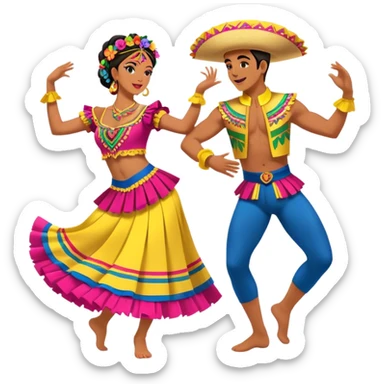 Cinematic Realistic scene of two dancers performing Cumbia, adorned in colorful traditional Colombian costumes with intricate details, captured in rhythmic motion with lively, festive lighting sticker