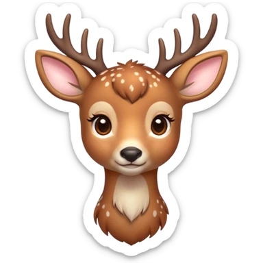 Cinematic Cute Deer Portrait Emoji, Head tilted playfully and inquisitively, showcasing a delicate Fur speckled with subtle white spots and gentle earth tones, round, sparkling eyes filled with curious wonder, Simplified yet irresistibly adorable features, highly detailed, glowing with a warm, friendly glow, high shine, affectionate and graceful, stylized with a touch of woodland whimsy, bright and endearing, soft glowing outline, capturing the essence of a mischievous yet loving fawn, so playful it feels like it could skip out of the screen into your arms! sticker