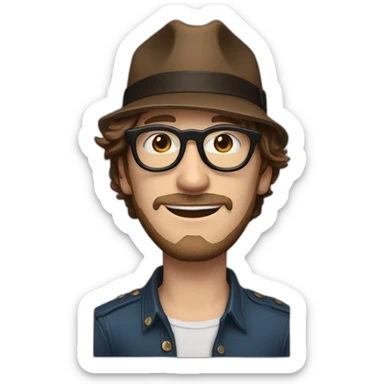Realistic white man with golden glasses, blue eyes, and brown hair in the style of the Beatles,20 years old, no bear, with a cowboy hat sticker