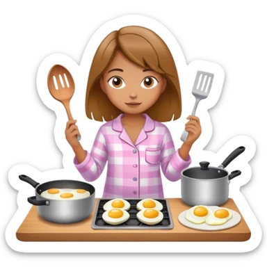 Young girl wearing pajamas and cooking eggs. sticker