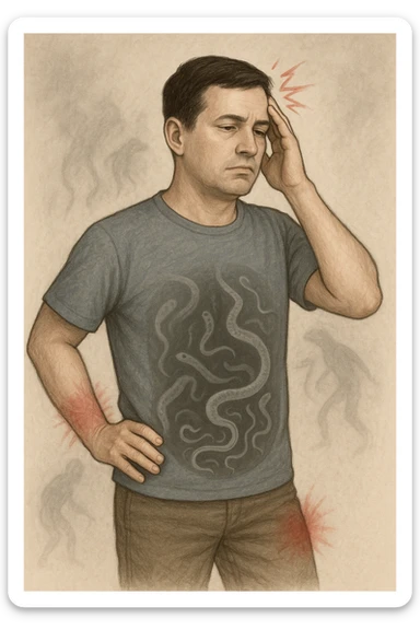 uomo che ignora i suoi un mal di testa, mal di schiena e dolore articolare e ignora ogni segnale e messaggio che il corpo manda per avvertirlo, ma alla fine dipendono tutto dai parassiti intestinali realistica sticker