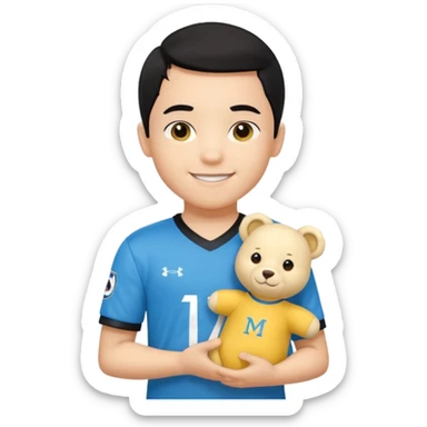 Un enfant qui a les cheveux noir sur le coter qui sourit il a un maillot de l’om et qui a un petit doudou jaune sur son epaule sticker