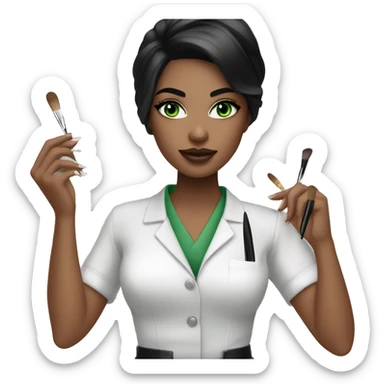 Makeup artist girl black hair green eyes white skin with a brash in her hand sticker