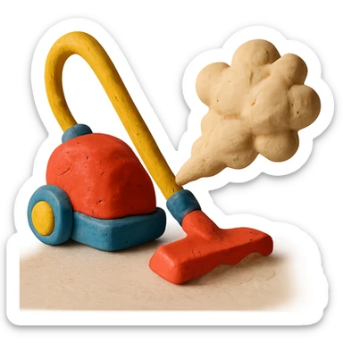vacuum cleaner with dust cloud in claymation style with matte finish and soft lighting sticker