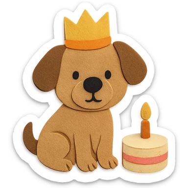 puppy with a birthday crown sitting beside a mini cake, paper-craft style sticker