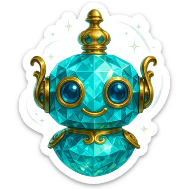 crystal, luxurious elixir bottle in the shape of a cute robot head, cyan color, lots of glowing, facets, ornaments, golden details, magical effects, very small almost invisible neck, transparent background, beautiful merging bottom, clearly floating in the air, no base or shadow, very luxurious, friendly, playful, matching the collection sticker