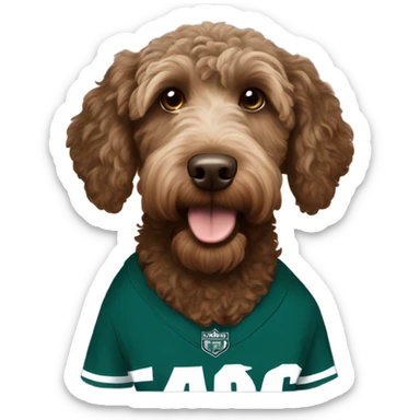 brown Labradoodle wearing a Philadelphia eagles shirt sticker