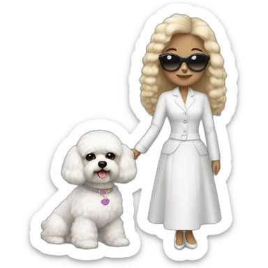mujer con gafas pelo negro largo y perro bichon blanco sticker