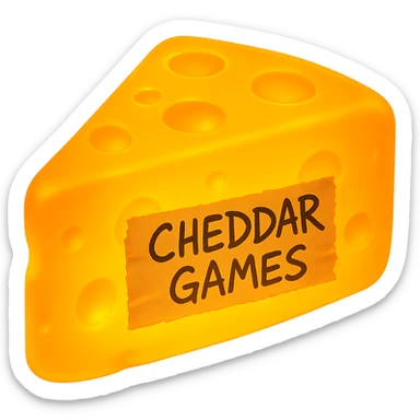 Make the cheese glow and add a piece of torn tape centered on the side that says 'Cheddar Games' in messy sharpie handwriting. Keep the style and shape the same. Remove the background. The original style is a simple cheese illustration, please maintain that look. sticker