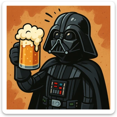Dark Vador avec une chope de bière mousseuse, style cartoon, ambiance décalée sticker
