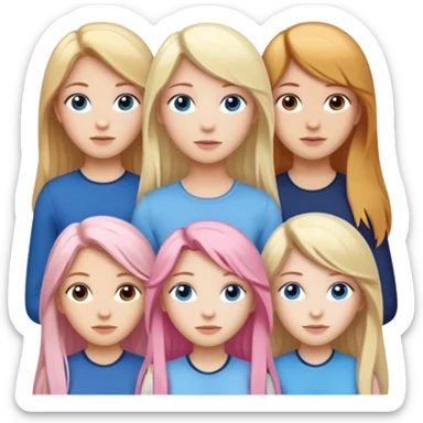 Girlfriend emoji - include 1 white girl with long light pink hair and blue eyes, 1 white girl with brown eyes and medium honey blonde hair, and 2 white girls with brown eyes and long dark brown hair, 1 white girl with blue eyes and light blonde hair,  sticker