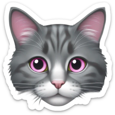 fluffy dark grey cat, pink nose, light lgreen eyes, white long whiskers, white spots near the nose, white breast, the cat's fur is soft. sticker