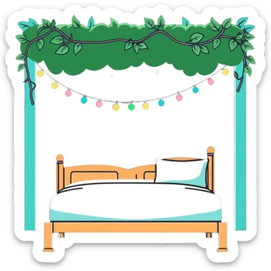 dreamy bed with twinkle lights and leafy vines hanging from above sticker