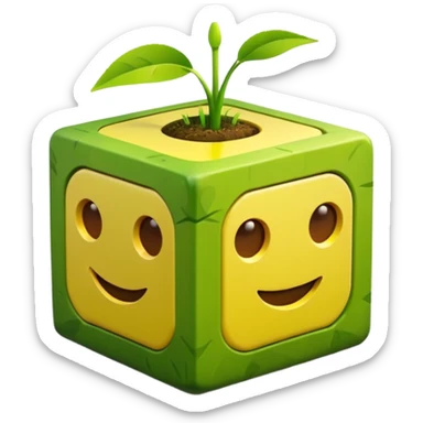3D Apple style emoticons for Minecraft grass blocks, cube shaped with grass at the top and a plot below sticker