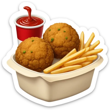 falafel and fries, with two containers with  red sauce and white sauce  sticker