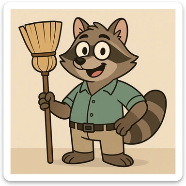 a raccoon dressed as a cleaner, holding a broom, cheerful expression, cartoon style sticker
