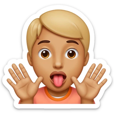 Sticking tongue out with hands gliding through sticker