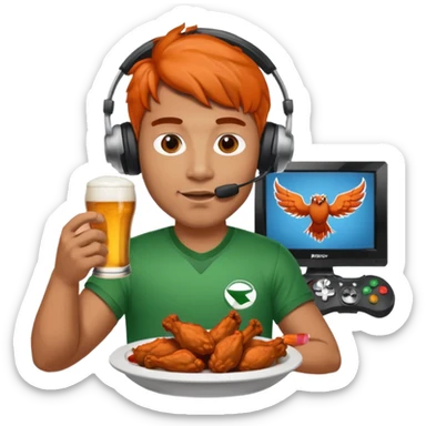 Football and tv and buffalo wings and beer and Xbox and a man with headset sticker