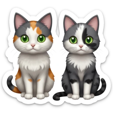 3 different coloured small cats including a dark grey and white, and a patchy calico and a completely solid dark grey with green eyes and only white paws sticker