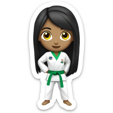 full body taekwondo girl with all white gi light green belt long black hair light dark skin sticker