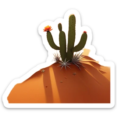 Cinematic Realistic Desert Emoji, Expansive and arid, with vast stretches of golden sand dunes and scattered cacti, the sun casting a warm, almost orange glow over the dry, cracked earth. The horizon blurs into a heat shimmer, while the occasional desert flower adds a splash of color to the barren landscape. Soft glowing outline, capturing the essence of the harsh yet stunning beauty of the desert, calm and quiet, filled with silence and mystery. sticker