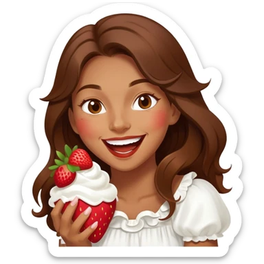 Girl with long brown hair eating strawberries and whipped cream, laughing elegant  sticker