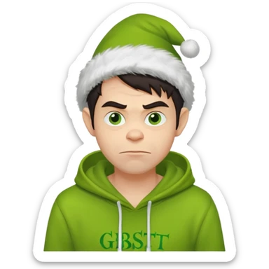 Create an avatar of white European with dark hair  male in hoodie with ``BST`` letters on it. Make background to look like from movie Grinch sticker