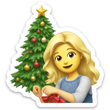 Blond Girl decorating a Christmas tree sticker