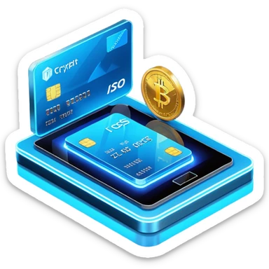 3D isometric fintech illustration, rotated to the left, neon blue lighting, instant crypto transfer, glowing coin, dynamic holographic arrows, metallic and glass textures, two isometric credit cards in the background, volumetric glass elements with realistic reflections sticker