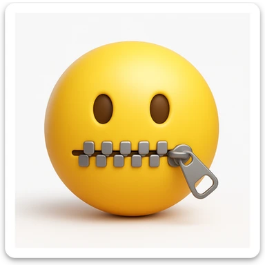 Crea una versione in stile 3D emoji, ispirata a questa immagine: emoji gialla con occhi semplici e bocca chiusa da una cerniera. sticker