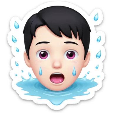 Boy with black hair, pink eyes rolled back, mouth open , water dripping from chin sticker