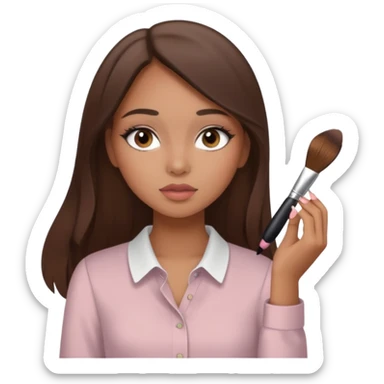 Draw a mixed-race girl applying makeup, wearing a clean girl blouse and with straight brown hair far away  sticker
