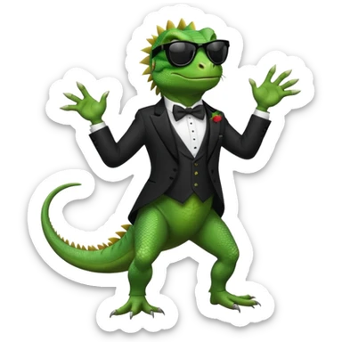 capitalist iguana in tuxedo with black sunglasses dancing sticker