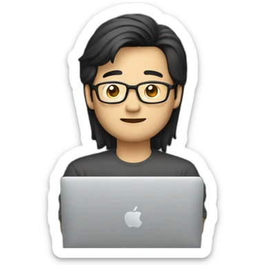 Aged 47 Asian Guy coding on the macbook, more black hair sticker
