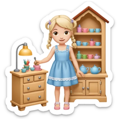 smiling girl arranging furniture in doll house sticker