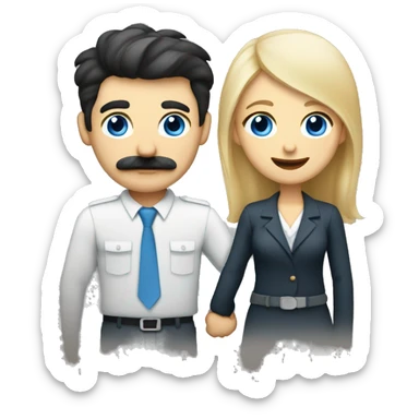 blond blue eyed woman shaking hands with dark hair dark eyed man with mustache sticker