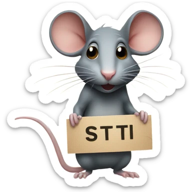 The rat, with its head turned to the right, holds a sign with the inscription sticker