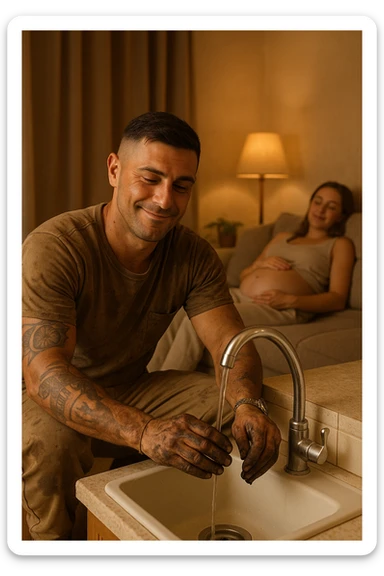 Construction worker coming home, immediately fixing leaky faucet without being asked, hands dirty but smile calm as his pregnant wife rests on couch sticker