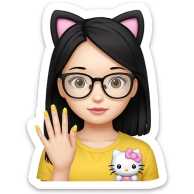 Nails cute with hello kitty wear glasses black long  hair wear, yellow shirt sticker