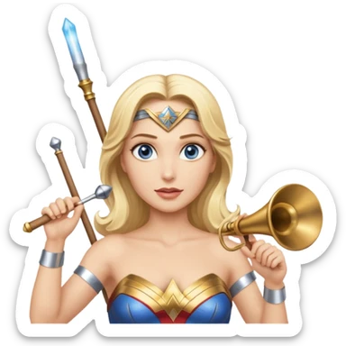 Blonde blue eyed Wonder Woman holding white orchestra conductor’s baton and bell sticker