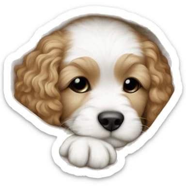 white and beige cavapoo puppy sleeping with a blanket sticker