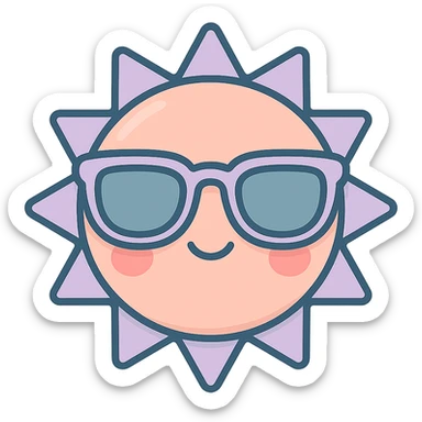 kawaii sun with sunglasses, icon-color-outlined style, detailed shading, thin clean outlines, soft rounded features, pastel palette #98B5BC #B5B3C1 #C9A3C9 #E4C0CA #F7DCD1 #F7C0AA, Japanese pop art, sticker style, highly detailed, vector clarity, soft lighting, subtle shadows, transparent background sticker