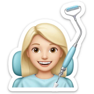 Mo smiling in a dental chair getting her teeth whitened, dentist holding whitening tool, bright and cheerful atmosphere sticker