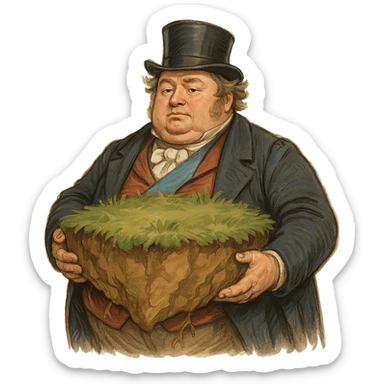Толстый британский герцог 19 века держит в руках большой пласт земли, слегка рисованный объемный стиль, прозрачный фон sticker