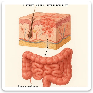 realistic medical illustration showing skin with dermatitis problems visually connected to the intestine, educational and respectful style, with Italian labels, no explicit details sticker